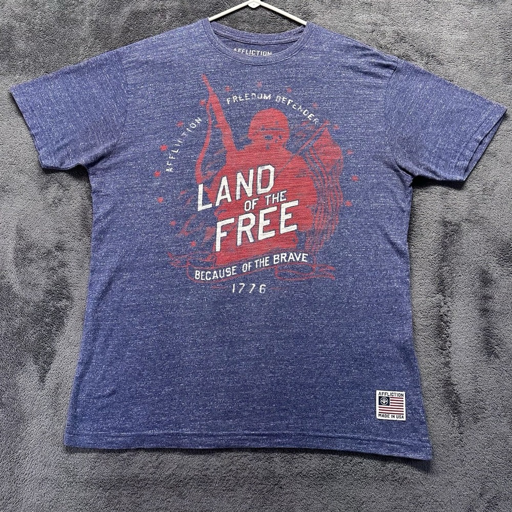 Affliction Freedom Defender Shirt Mens Large Blue‎ Red Double Sided Made In USA